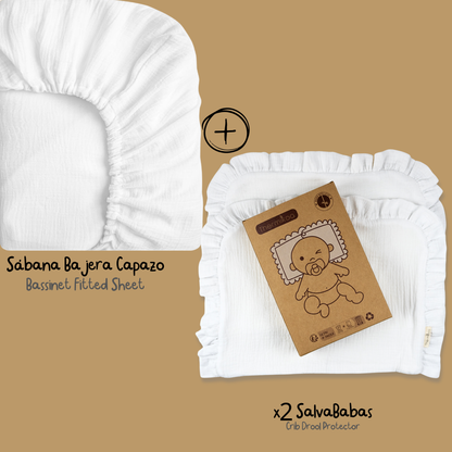 Kit Sábana Bajera + 2 Salvababas para Capazo o Minicuna - Lo esencial para su nidito (sin complicarte la vida)
