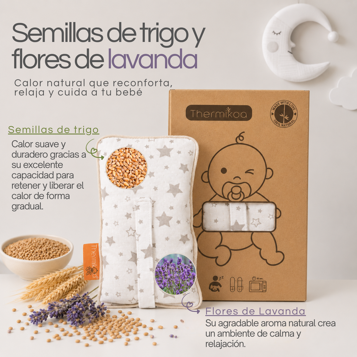 Cinturón Anticólicos para Bebé con Trigo y Flores de Lavanda: Fácil de Calentar y Colocar (Estrellas)