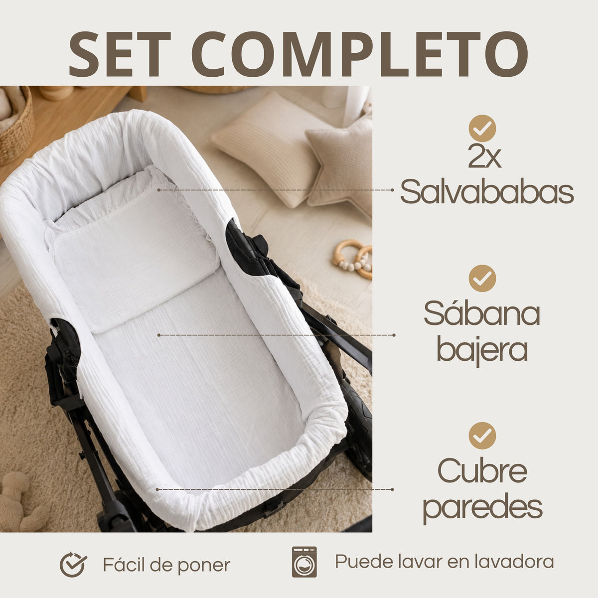 Set Completo para Capazo: Cubre Capazo + Bajera + 2 Salvababas | Todo a Juego y Protegido
